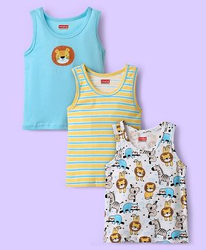 Babyhug 100% Cotton Sleeveless Vests With Stripes & Animal Print Pack Of 3 - Light Blue White & Yellow