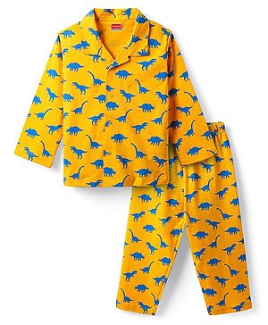 Babyhug Cotton Knit Full Sleeves Front Open Co-Ord Night Suit With Dino Print - Yellow