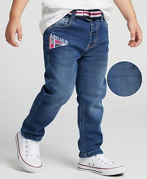 Babyhug Denim Full Length Wahsed Jeans With Stretch &  Belt - Navy Blue