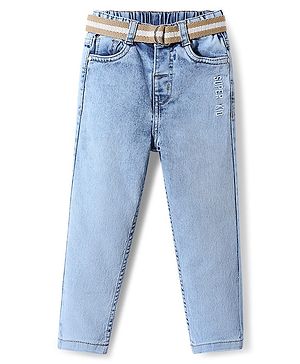 Babyhug Denim Full Length Washed Jeans With Stretch & Belt - Blue