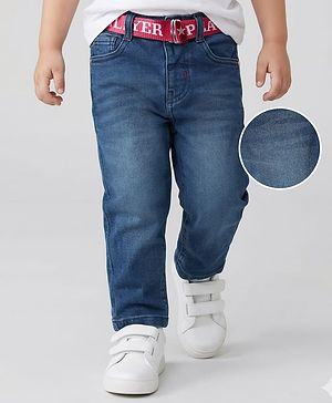 Babyhug Denim Full Length Washed Jeans With Stretch & Belt - Blue
