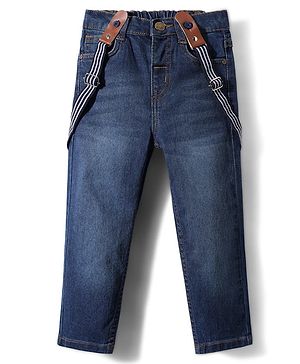 Babyhug Denim Full Length Washed Jeans With Stretch & Suspender - Navy Blue