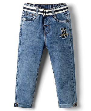 Babyhug Denim Full Length Washed Jeans With Stretch & Embriodery - Blue