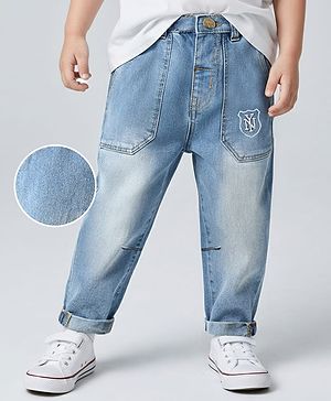 Babyhug Full Length Solid Denim Jeans With Stretch & NY Embroidery - Blue