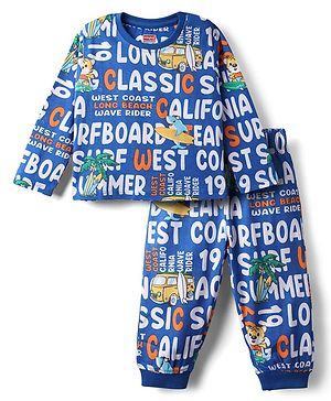Babyhug Cotton Knit Full Sleeves Co-ords Night Suit with Text Print - Blue