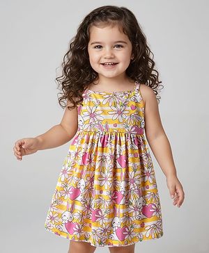 Babyhug 100% Cotton Shoulder Strap Floral & Bunny Printed Frock - Multicolour