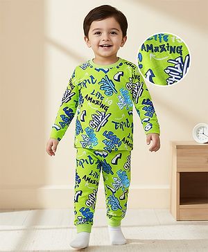 Babyhug Cotton Knit Full Sleeves Co-ords Night Suit with Text Print - Limegreen