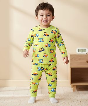 Babyhug Cotton Knit Full Sleeves Co-ords Night Suit with Vehicle Print - Light Green