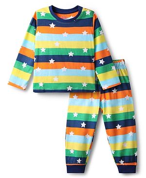 Babyhug Cotton Knit Full Sleeves Stripes & Star Printed Co-Ords Night Suit - Multi Colour
