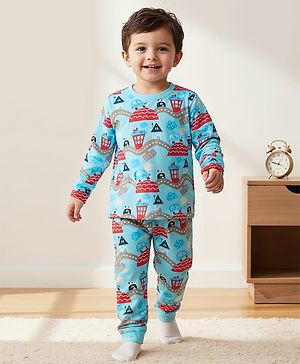 Babyhug Cotton Knit Full Sleeves Co-ords Night Suit with Car Print - Light Blue