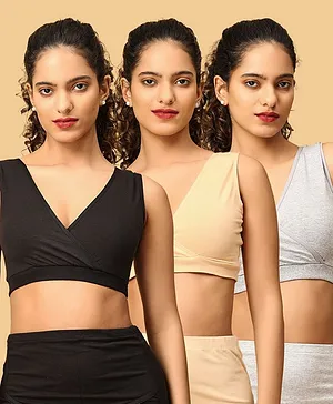 The Mom Store Cotton Knit Pack Of 3
                              Solid Maternity Nursing Sleep Bras - Black
                              Beige & Grey