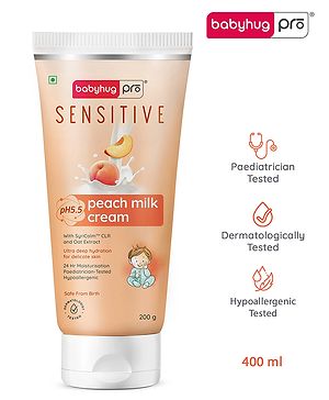 Babyhug Pro Sensitive pH 5.5 Peach Milk Cream - 200 g | 24 Hr Moisturisation | Deep Hydration | Sensitive Skin | Paediatrician & Dermatologist Tested | Safe Hypoallergenic Formula | 0+ m