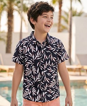 Pine Kids Viscose Woven Half Sleeves Leaves Printed Shirt - Black
