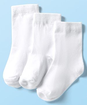 Cute Walk By Babyhug Cotton Knit Mid Calf Length Anti Bacterial Solid Coloured Socks Pack Of 3 - White