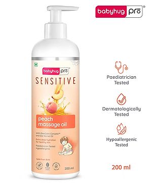 Babyhug Pro Sensitive Peach Massage Oil with Coconut - 200 ml | Deep Nourishment | Sensitive Skin | Paediatrician & Dermatologist Tested | Safe Hypoallergenic Formula | 0+ m