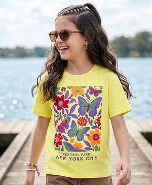 Pine Kids Cotton Knit Half Sleeves T-Shirt with Floral Print - Yellow