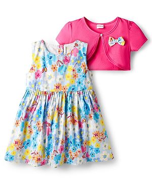 Babyhug Cotton Woven Half Sleeves Shrug with Frock with Floral Print & Bow Applique - Multicolor