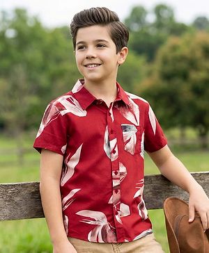 Pine Kids Viscose Woven Half Sleeves Shirt With Abstract Print - Red