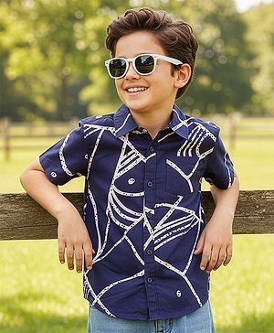 Pine Kids Viscose Woven Half Sleeves Shirt With Abstract Print - Navy Blue