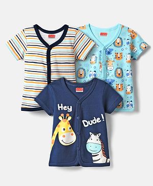 Babyhug 100% Cotton Half Sleeves Front Open Jhablas With Stripes & Animals Print Pack Of 3 - Navy Blue White & Light Blue.
