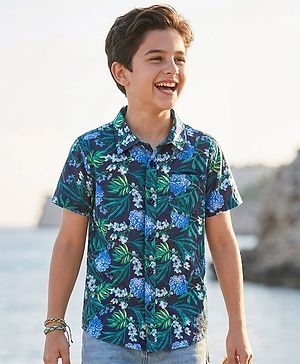 Pine Kids Viscose Woven Half Sleeves Shirt With Floral Print - Blue