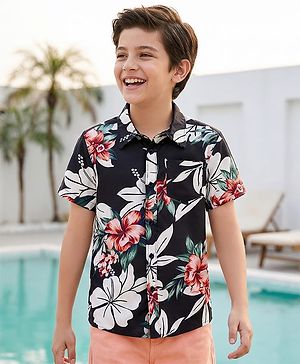 Pine Kids Viscose Woven Half Sleeves Shirt With Floral Print - Black