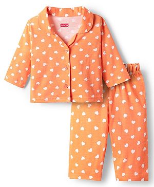 Babyhug Cotton Knit Full Sleeves Co-ords Night Suit with Polka Dots Print - Orange