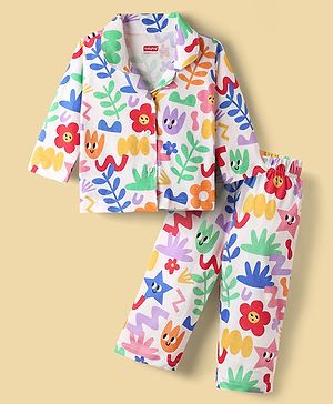 Babyhug Cotton Knit Full Sleeves Front Open Co-Ord Night Suit With Floral Print - Multi Colour