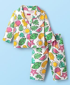Babyhug Cotton Knit Full Sleeves Co-ords Front Open Night Suit With Tropical Theme Print - Multicolour
