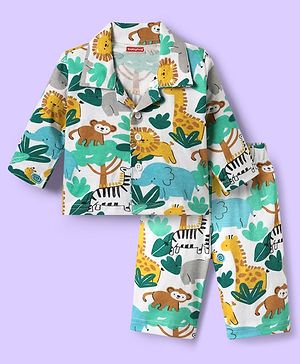 Babyhug Cotton Knit Full Sleeves Co-ords Night Suit with Jungle Theme Print - Multicolor
