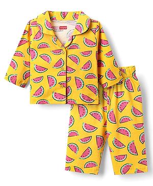 Babyhug Cotton Knit Full Sleeves Co-Ord Night Suit With Watermelon Print - Yellow
