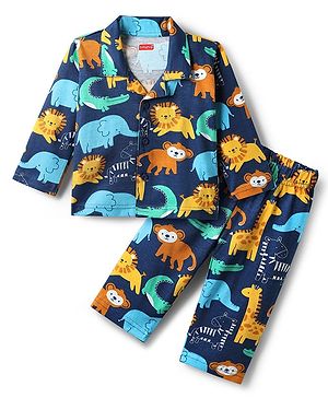 Babyhug Cotton Knit Full Sleeves Co-ords Night Suit With Animal Print - Navy Blue