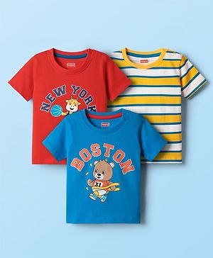 Babyhug 100% Cotton Knit Half Sleeves Striped & Animal Printed T-Shirts Pack of 3 - Red Blue & Yellow