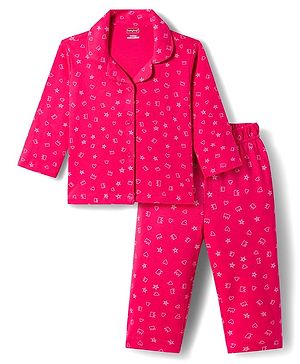 Babyhug Cotton Knit Full Sleeves Co-ords Night Suit With Floral Print - Pink
