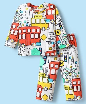 Babyhug Cotton Knit Full Sleeves Co-ords Night Suit with Traffic Print - White