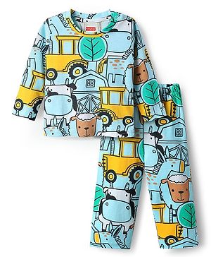 Babyhug Cotton Knit Full Sleeves Co-ords Night Suit with Animal Print - Light Blue