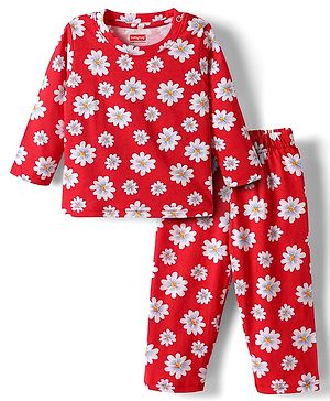 Babyhug Cotton Knit Full Sleeves Co-ords Night Suit with Floral Print - Red