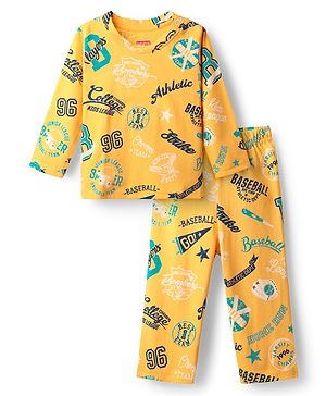 Babyhug Cotton Knit Full Sleeves Co-ords Night Suit with Sports Theme Print - Yellow