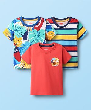 Babyhug 100% Cotton Knit Half Sleeves Striped & Beach Theme Printed T-Shirts Pack of 3 - Multicolor