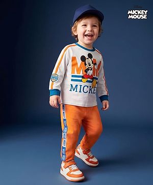 BABYHUG Single Jersey Knitted Full Sleeves T-Shirt & Pant Set With Mickey Mouse Graphic - Orange & White
