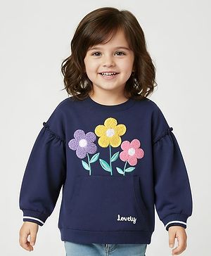 Babyhug Fleece Knit Drop Shoulder Full Sleeves Sweatshirt With Floral Embroidery & Kangaroo Pockets - Navy Blue