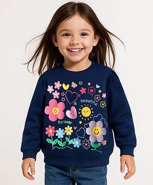 Babyhug Cotton Knit Full Sleeves Sweatshirt with Floral Print - Navy Blue