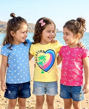 Babyhug 100% Cotton Knit Half Sleeves
                              T-Shirts with Heart & Beach Theme
                              Print Pack of 3 - Yellow Dark Pink &
                              Blue
