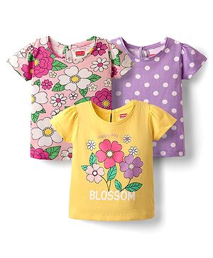 Babyhug 100% Cotton Knit Half Sleeves Floral & Polka Dot Printed T-Shirts Pack of 3 - Yellow Pink & Purple