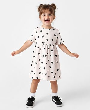 Bonfino 100% Cotton Knit Rib Fabric Half Sleeves Frock with Heart Print & Frill Detailing - Ivory