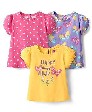 Babyhug 100% Cotton Knit Half Sleeves Butterfly & Polka Dot Printed T-Shirts Pack of 3 - Yellow Pink & Purple