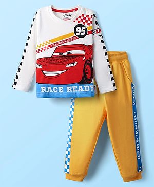 Babyhug Disney Single Jersey Knit Full Sleeves Cut and Sew T-Shirts & Lounge Pant with Cars Graphic and Badge Detailing - White & Yellow