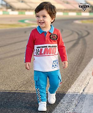Babyhug Disney Single Jersey Knit Full Sleeves Cut and Sew Polo T-Shirt & Lounge Pants Set with Cars Graphic - Red & Blue