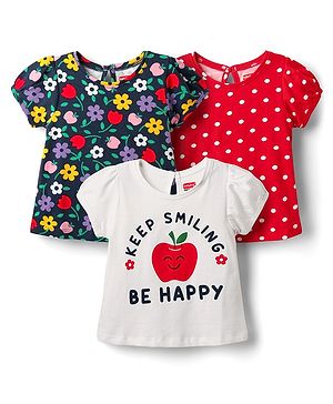 Babyhug 100% Cotton Knit Half Sleeves T-Shirts with Floral & Polka Dot Print Pack of 3 - White Red & Navy Blue