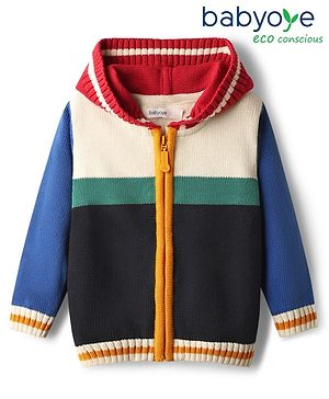 Babyoye Cotton Knit Full Sleeves Front Open Hooded Sweater with Color Block Design - Multicolor